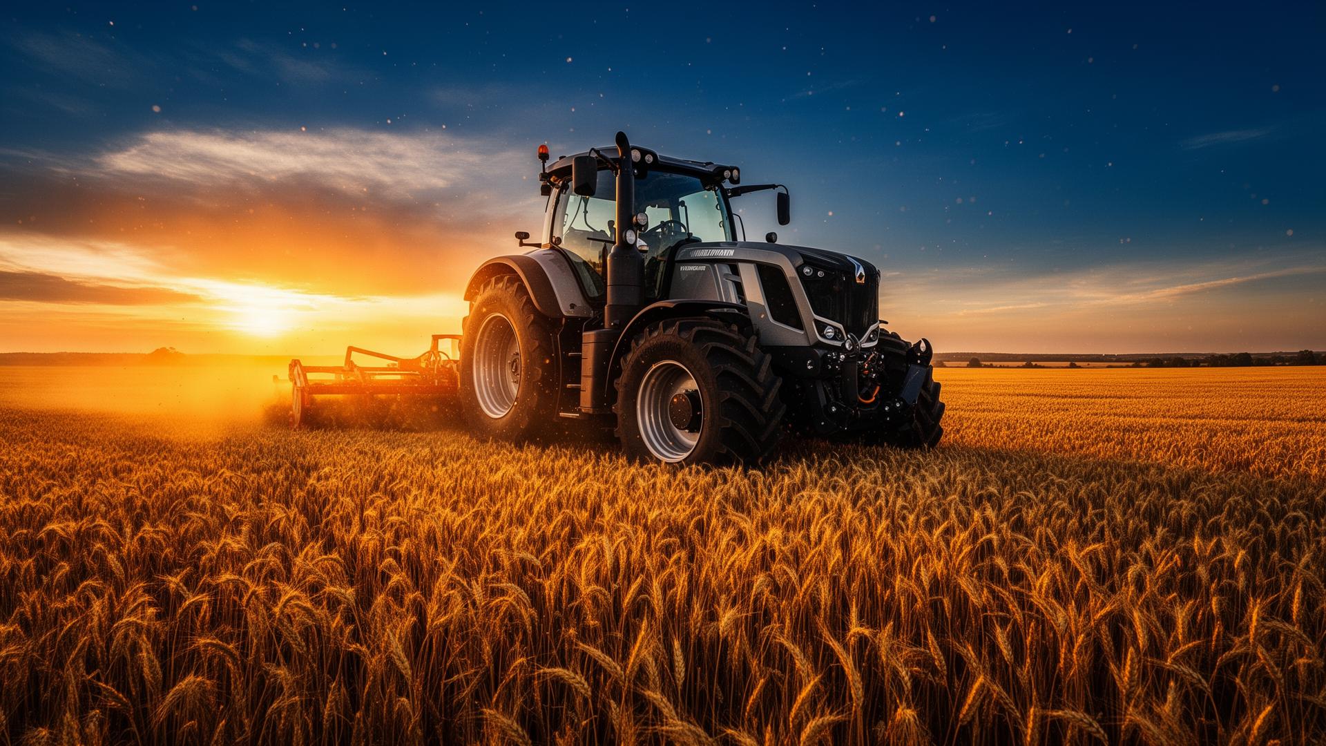 Tractor moderno trabajando en un campo de trigo al atardecer